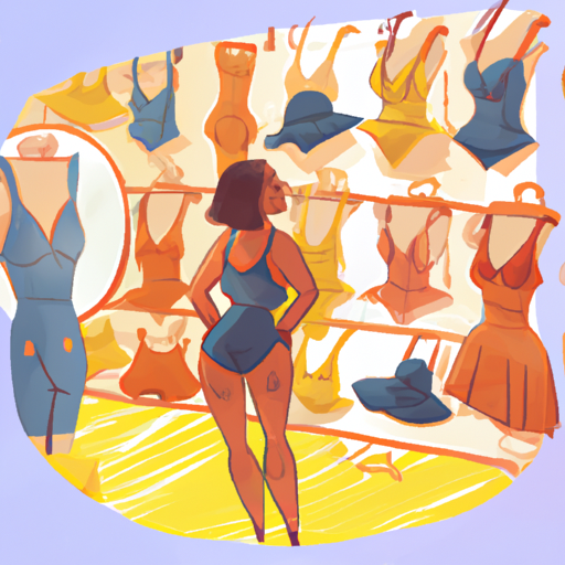 איור של אישה שמנסה בגדי ים שונים בחנות