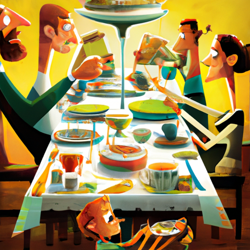 איור צבעוני של משפחה מכונסת סביב שולחן ארוחת ערב ובאמצע מבחר כלי הגשה