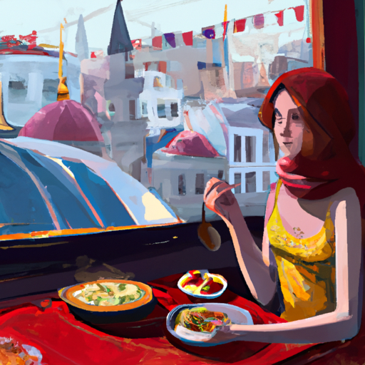 תמונה של מטייל נהנה מארוחה טורקית טעימה במרכז העיר ההומה של איסטנבול.