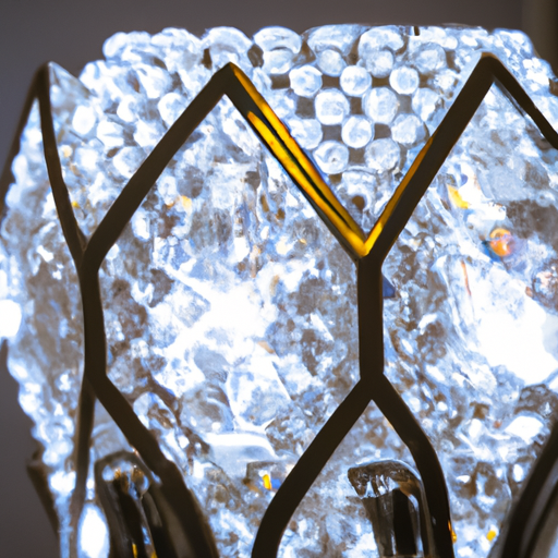 תמונת תקריב של מנורת השולחן קריסטל LED, המדגישה את הפרטים המורכבים והגבישים הנוצצים שלה