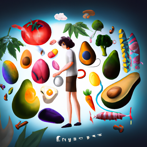 איור של אדם העוקב אחר התזונה הקטוגנית הצמחונית, הכוללת מגוון פירות, ירקות ושומנים בריאים.