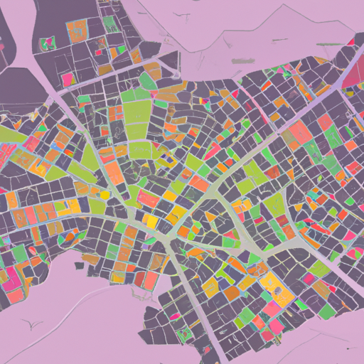 תמונה של מפת שכונה, עם אזורים שונים המודגשים בצבעים שונים