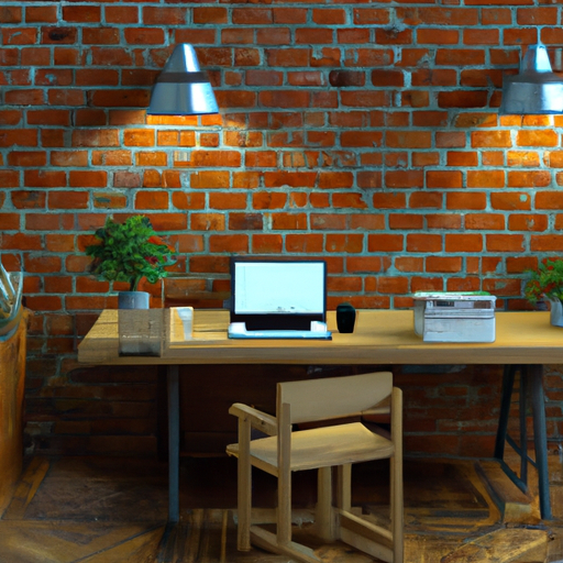 חלל משרדים מודרני עם קירות לבנים חשופים, צמחים ושולחן עץ גדול.