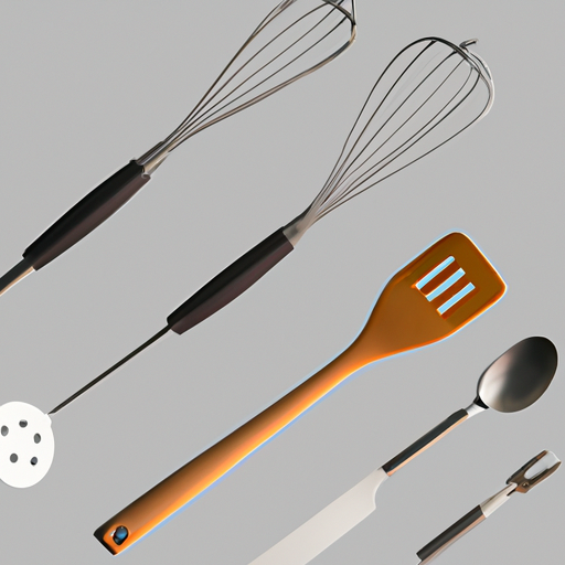 תמונה של מגוון כלי מטבח חיוניים כולל מטרפה, מצקת ומרית