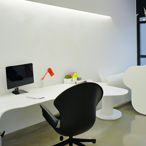 חלל משרדי מינימליסטי עם קירות לבנים, שולחן כתיבה מלוטש וכורסא נוחה.