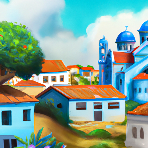 איור של כפר קפריסאי מסורתי עם מבנים צבעוניים וכנסייה עם כיפה כחולה.