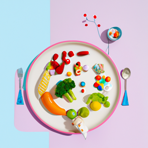 צלחת צבעונית עם מאכלים בריאים שונים המחולקים לקטגוריות שונות