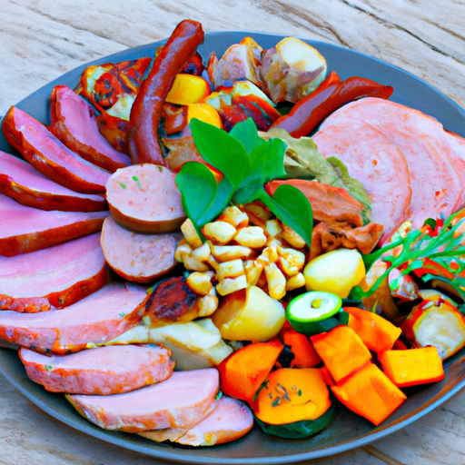 תמונה של צלחת אוכל עם מגוון בשרים, ירקות ואגוזים