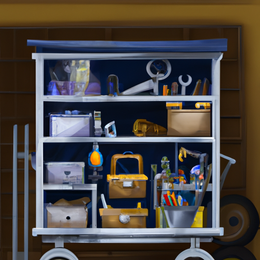 תמונה של עגלת כלים עם מדפים ותאים לאחסון כלים וחומרים.