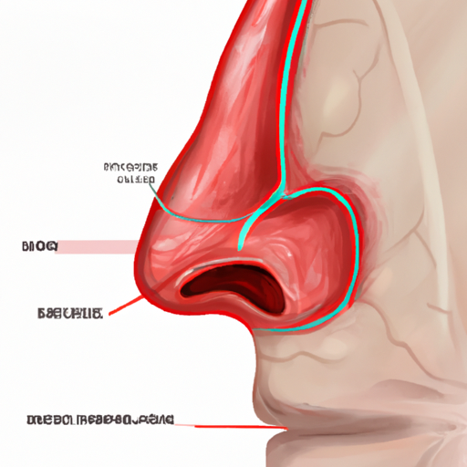 תרשים של מעברי האף והסינוסים, כאשר האזור הפגוע מודגש באדום