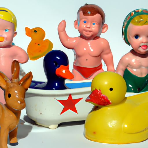 אוסף של צעצועי רחצה וינטג' מתקופות שונות, המציגים את ההתפתחות שלהם לאורך זמן.