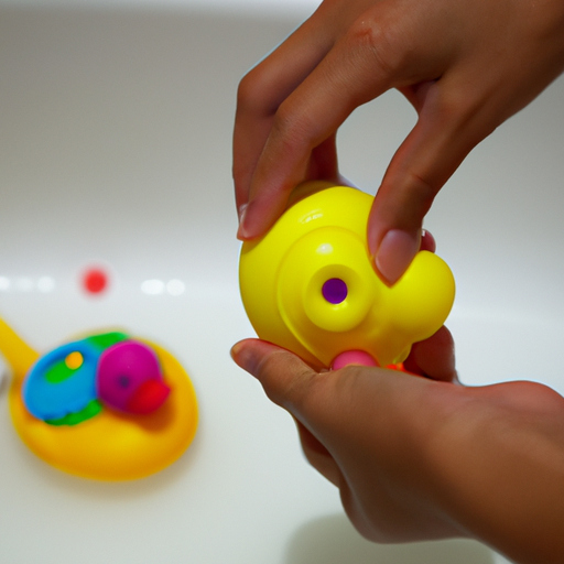 הורה בודק בקפידה צעצוע אמבטיה לאיתור סכנות אפשריות, כגון חלקים קטנים או חומרים רעילים.