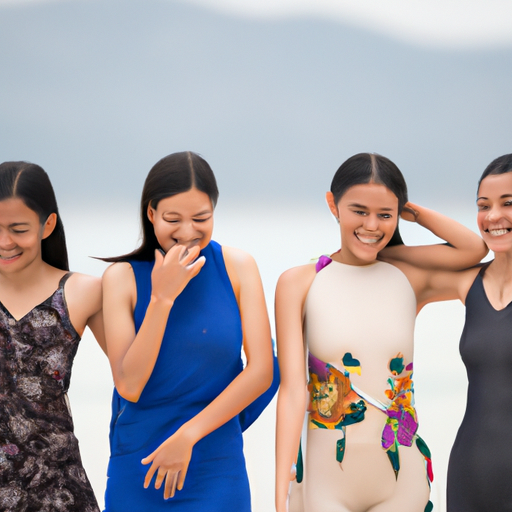 קבוצת נשים מגוונות לובשות בגדי ים צנועים, מחייכות ונהנות יחד מהחוף.