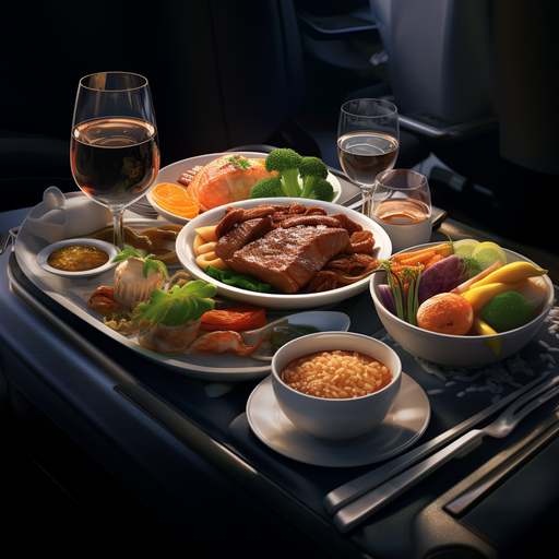 תמונה המציגה שולחן ערוך עם ארוחה טעימה המוגשת על סיפון טיסה של רויאל ג'ורדן לתאילנד.