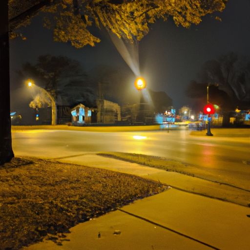 תמונה של רחוב מואר היטב בשכונה המציג אמצעי בטיחות כמו פנסי רחוב ומדרכות להולכי רגל
