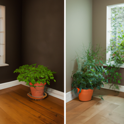 תמונה המציגה חדר חשוך לפני ואחרי הוספת צמחים
