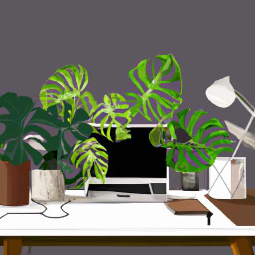 תמונה 1: מערך שולחן עם מגוון צמחים מקורה היוצרים סביבת עבודה רגועה ושלווה.