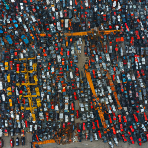 צילום אווירי של חצר פירוק רכבים בצפון, המציג את המספר העצום של כלי רכב המוכנים לתהליך.