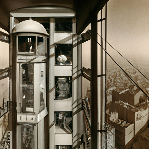 תצלום וינטג' המתאר את מעלית הנוסעים הראשונה המותקנת בגורד שחקים.